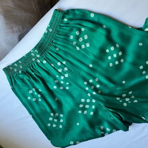 Norblack Norwhite green printed satin elastic waist wide leg cropped pants - Picture 3 of 4